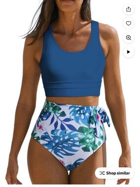 NWT Classic Blue Tank Bikini Top with Tropical High-Waist Bottom - Women Swim